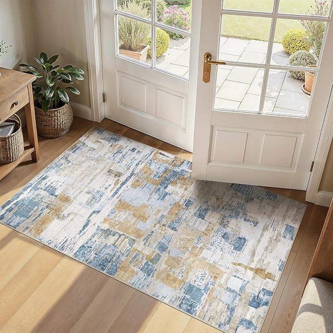 kakania Abstract 3x5 Area Rugs for Living Room: Washable Rugs Blue | Soft, Non-Slip, Low-Pile, Pet & Kid Friendly - Modern Home Decor Carpet for Bedroom/Dining Room/Office/Nursery