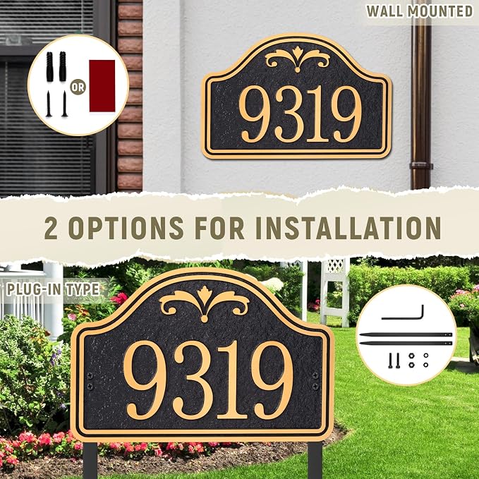 Personalized Lawn Address Plaque Sign with Stakes - House Address Signs for Outside Use for House,Apartment,Office,Yard (Black/Gold)