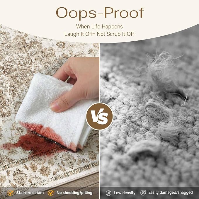 2x8 Brown Neutral Runner Rug | Washable, Non Slip, Soft Low Pile, Vintage Farmhouse, for Hallway Kitchen Laundry Bathroom Bedroom Living Room Home Decor