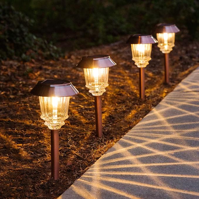 XMCOSY+ Solar Lights Outdoor Waterproof, 4 Pack Solar Lights for Outside, 10-40 LM Dimmable LED Glass Outdoor Solar Lights for Yard Pathway Garden Lawn Driveway Walkway (Warm White)