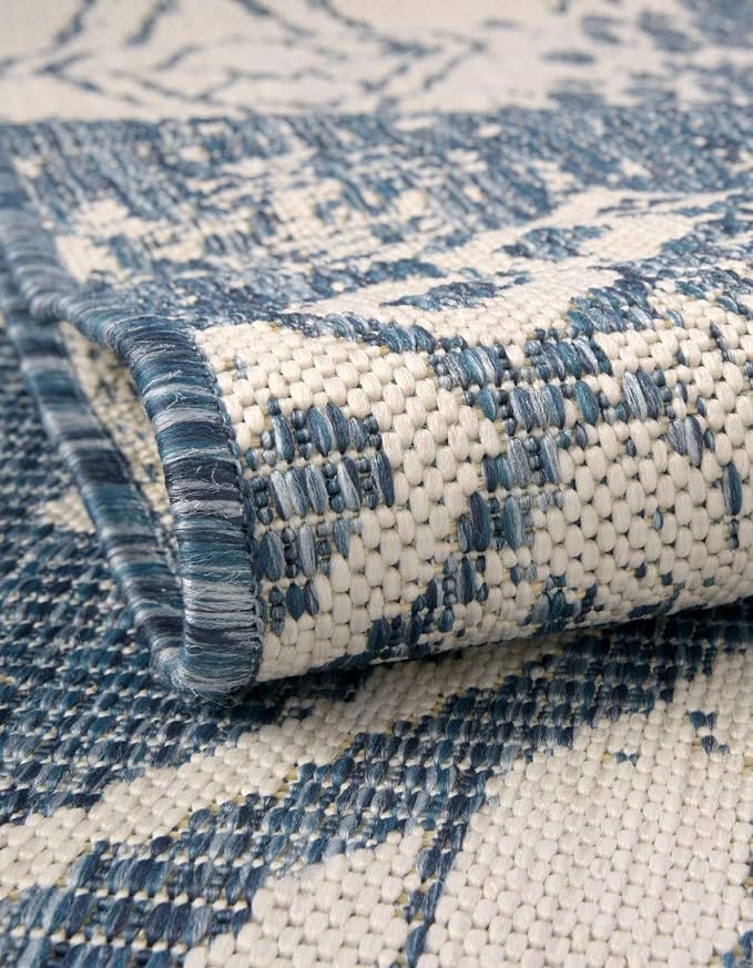 Unique Loom Outdoor Bohemian Collection Area Rug - Anthro (3' 3" x 14' 1" Runner, Blue/ Ivory)
