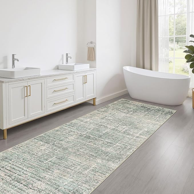 LOONGRUG Runner Rug 3x8 Washable Non-Slip Kitchen Neutral Rug Sage Green | Abstract Modern Soft Stain Resistant Indoor Accent Throw Carpet for Hallway Bathroom Bedroom Entryway