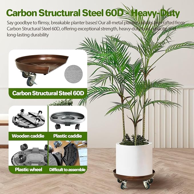 Plant Caddy with Wheels, 17" Heavy Duty Metal Plant Dolly, 440 lb Capacity Rolling Plant Stand with 360° Locking Casters, Waterproof Planter Tray and Saucer for Indoor Outdoor Large Pots