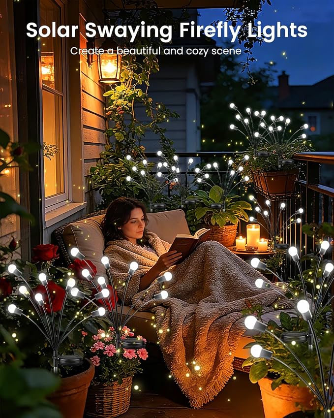 OZS 4 Pack Total 32 LED Solar Garden Lights Fairy Outdoor - Solar Firefly Lights Outdoor, Sway by Wind, Waterproof for Garden Patio Pathway Fairy Decoration (Cool White)