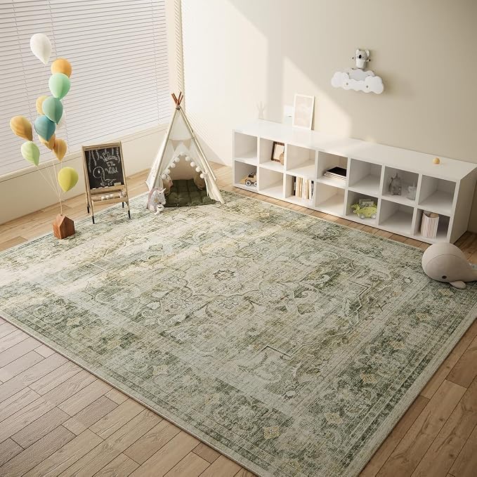 8x10 Washable Rugs for Living Room: Large Area Rug for Bedroom Non Slip Low Pile Soft Faux Wool Non Shedding Vintage Boho Carpet Rugs for Dining Room Kitchen Nursery Under Table Farmhouse Home Office