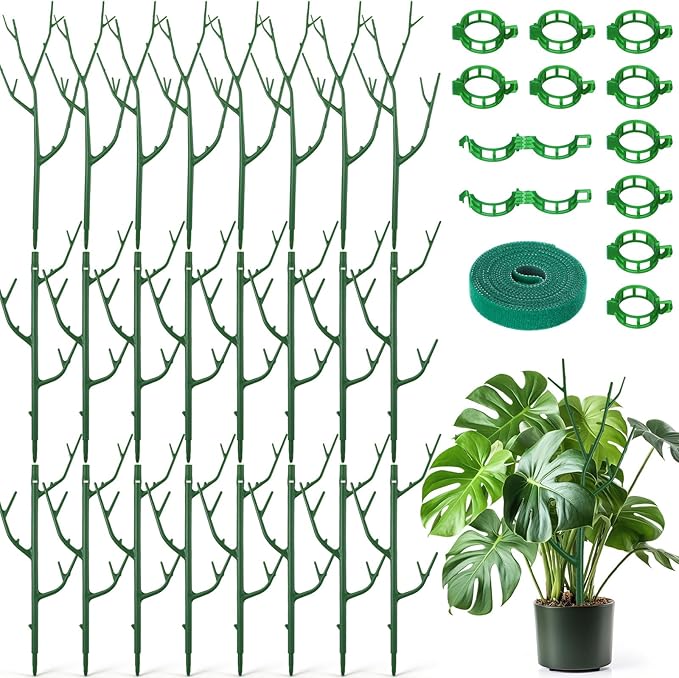 SiliFine 24 Pack Stackable Monstera Plant Support Stakes up to 39.5 Inch Adjustable Plant Support Stakes with 12 Clips and Ties for Indoor Outdoor Plants Sticks Tall Pothos Climbing