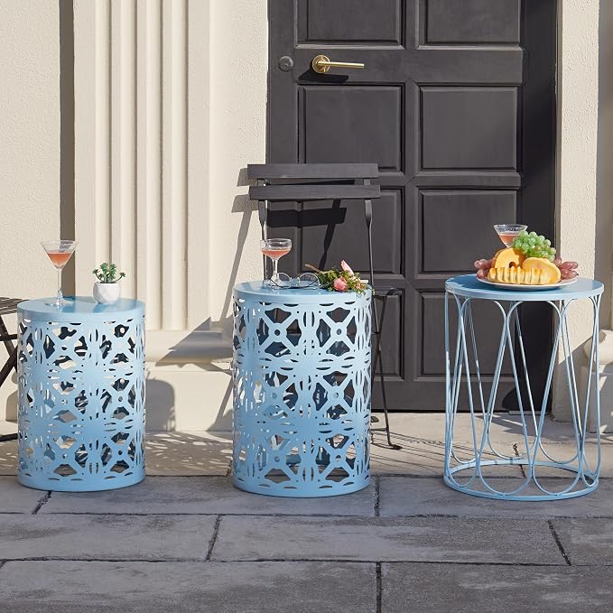 Y&M Outdoor Side Tables Set of 3, Round Metal Stacking Patio Side Tables, Indoor & Outdoor End Tables, Decorative Garden Stool Plant Stand for Patio, Garden, Balcony, Porch, Light Blue