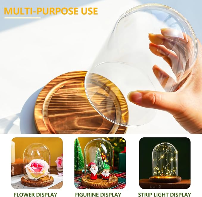 ZEERSHEE 2pcs Glass Display Dome Cloche with Wooden Base for Home Wedding Party Decor (3.9 x 5.1in/5.7 x 6.9in)