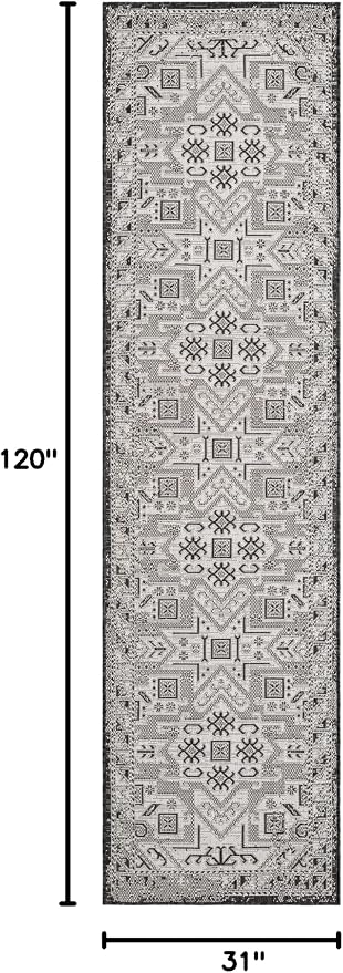 Unique Loom Outdoor Aztec Collection Area Rug - Coba (2' 7" x 10' Runner Charcoal Gray/Ivory)