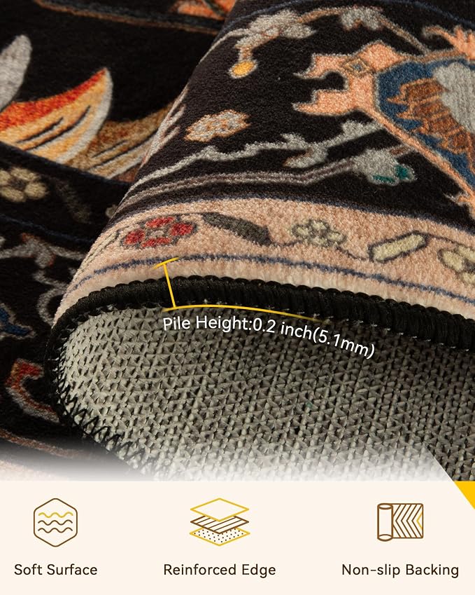 RELEANY Washable Area Rug, Round 8ft, Black/Colorful | Non-Slip, Water Repellent, Pet Friendly, Easy to Clean, Vintage Floral Boho Decor for Living Room Bedroom Dining Room