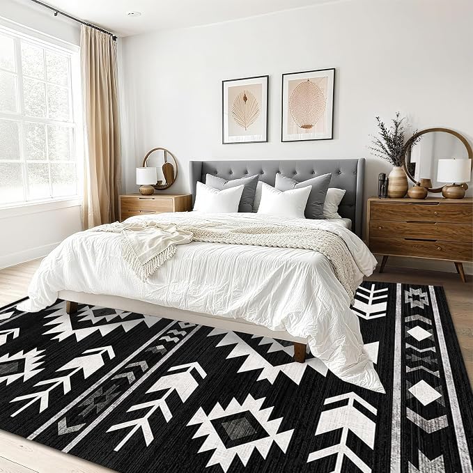 Area Rug 6x9 Western Rug Living Room Southwestern Aztec Tribal Rugs Southwest Navajo Machine Washable Non-Slip Printed Low-Pile Floor Carpet for Bedroom Dining Room Office, Black