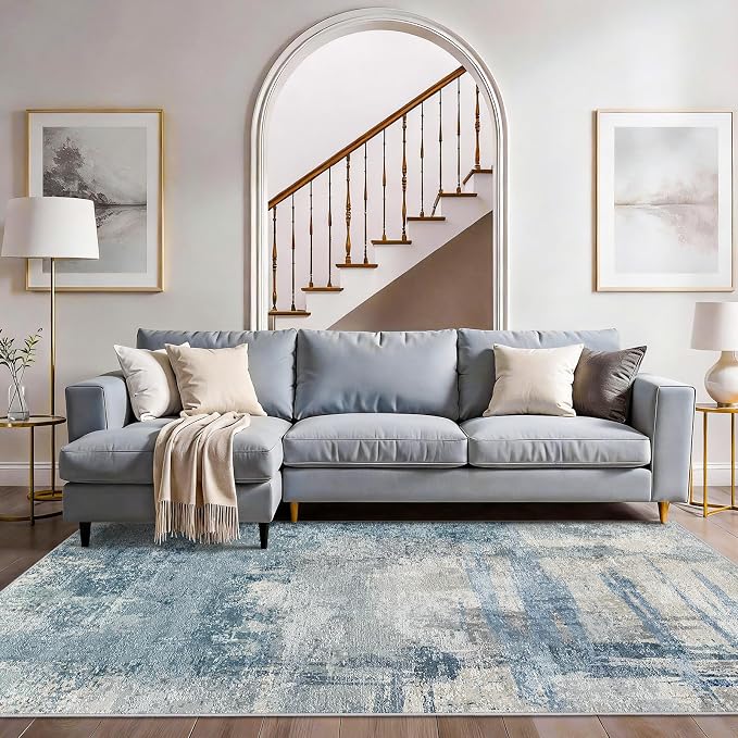 4x8 Blue Modern Abstract Rug:Wide Area Rug for Living Room, Bedroom | Machine Washable Non-Slip Soft Carpet - Pets Friendly Low Pile Floor Covering for Home 4x8 Blue