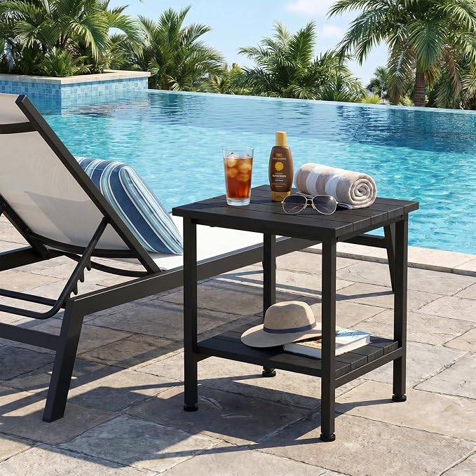 Outdoor Side Table Black, 2-Tier Storage Small Patio Table for Garden | Outdoor End Table, Low Maintenance, Weather Resistant, Balcony Table, for Outside or Indoor, for Balcony, Poolside, Porch