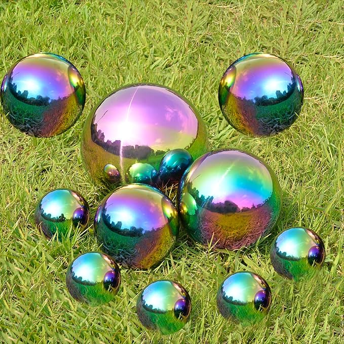 Gazing Ball Garden Mirror Outdoor - Outside Decorative Globe, Rainbow 10Pcs | Metal Polished Reflective Sphere, Stainless Steel Hollow Decoration Ornament for Home Pond Swimming Pool Housewarming Gift
