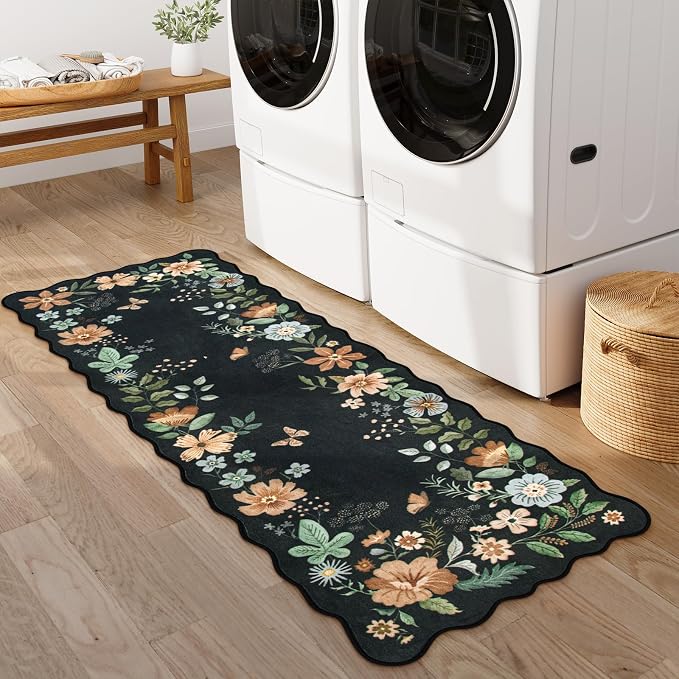 Lahome Floral Kitchen Runner, 2x5 Scalloped Washable Runner Rug Non Slip | Soft Ultra-Thin Hallway Rug Stain Resistant Boho Carpet for Laundry Bathroom Bedroom Flore Black/Grey