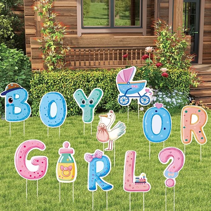 SUPERDANT 12Pcs Gender Reveal Party Yard Sign with 24 Stakes Boy or Girl Baby Shower Lawn Decorations Birth Party Outdoor Sign Newborn Garden Decor for Celebration 11.8x11 Inch