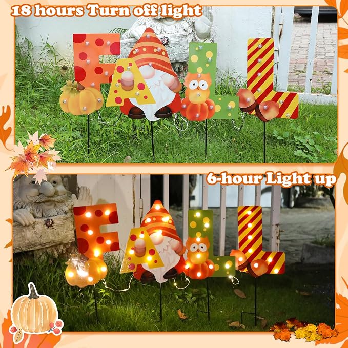 Fall Yard Decor Outdoor Autumn Harvest Garden Stakes with LED Light Squirrel Gnome Letter Pumpkin Yard Sign with Stakes Fall Thanksgiving Decoration for Home Outside Lawn Garden Holiday Decor