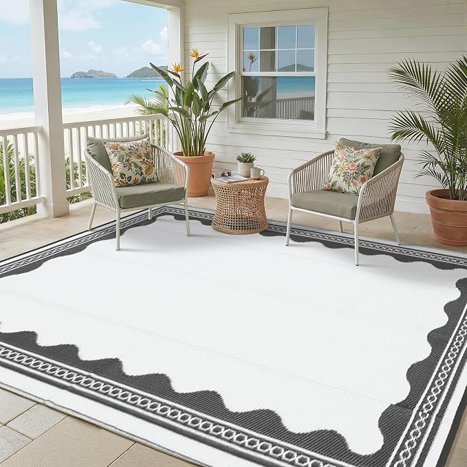 Garvee Outdoor Rug 6x9 Scalloped Waterproof Patio RV Outdoor Rugs Reversible Foldable Plastic Straw Rug Modern Camping Carpet for Deck Camper Porch Balcony Backyard Picnic Beach Grey