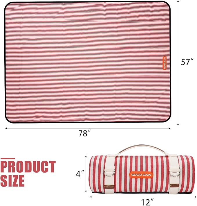 G GOOD GAIN Picnic Outdoor Blankets Waterproof Large - Beach Mat Sand Free Foldable with Carry Strap | Portable Camping Blanket | Park Blanket for Grass Park, Hiking, Travel, Concerts, Indoor (Red)