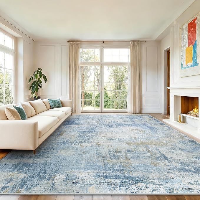 AMADA HOMEFURNISHING 10x14 Area Rugs for Living Room, Modern Large Area Rugs with Non-Slip Backing & Low Pile, Neutral Soft Washable Rug for Large Bedroom Dining Room Nursery Office, Light Blue