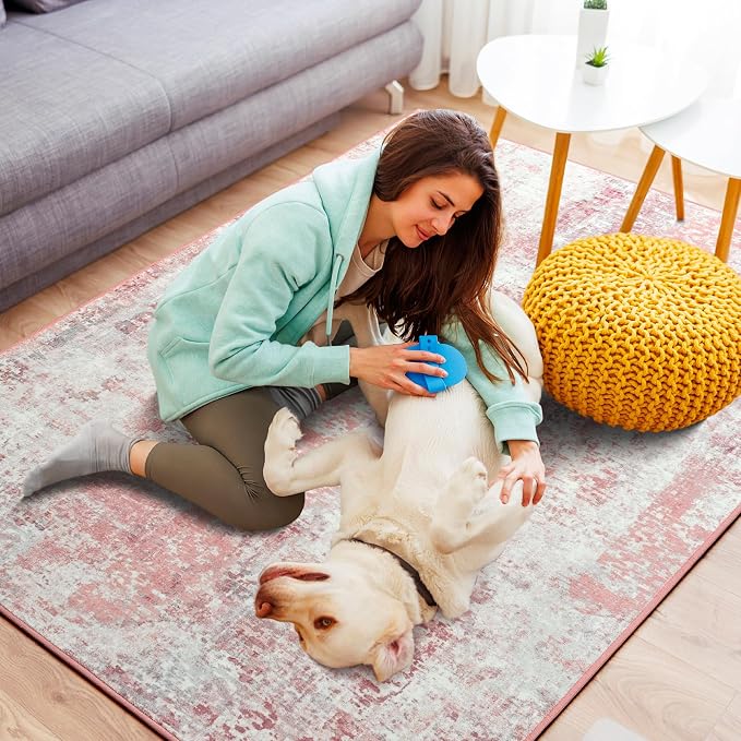 5x7 Pink Washable Area Rug for Living Room Bedroom, Modern Abstract Non-Slip Rugs, Low Pile Soft Stain Resistant Carpet for Dining Room, Office, Dorm Decor