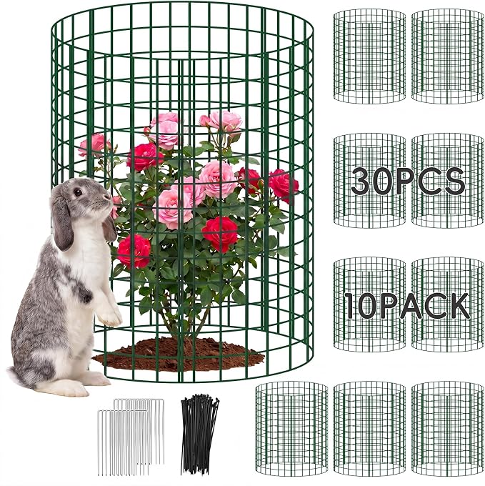 10 Packs Plant Protectors from Animals, 30Pcs 12"x 16" Large Metal Wire Mesh Garden Plant Cages for Outdoor Gardening, Chicken Wire Cloche Plant Cages for Rabbits with Zip Ties & Stakes(Green)