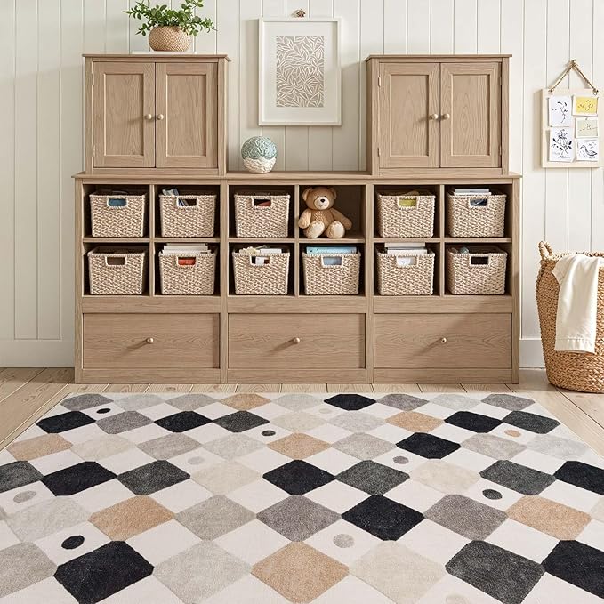 jinchan 4x6 Checkered Area Rug Washable Classroom Kids Rug Marble | Soft, Non-Slip, Kid-Friendly, Preschool Rug, Diamond Design, Play Mat, Black White on Cream, Playroom, Nursery, Bedroom, Dorm