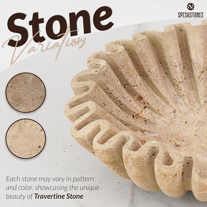 Marble Large Decorative Bowl Handmade 10 Inch Travertine Ruffle Bowl, Scalloped Bowls for Home Decor, Modern Fruit Bowl for Kitchen Counter, Stone Fluted Bowl for Housewarming Gifts