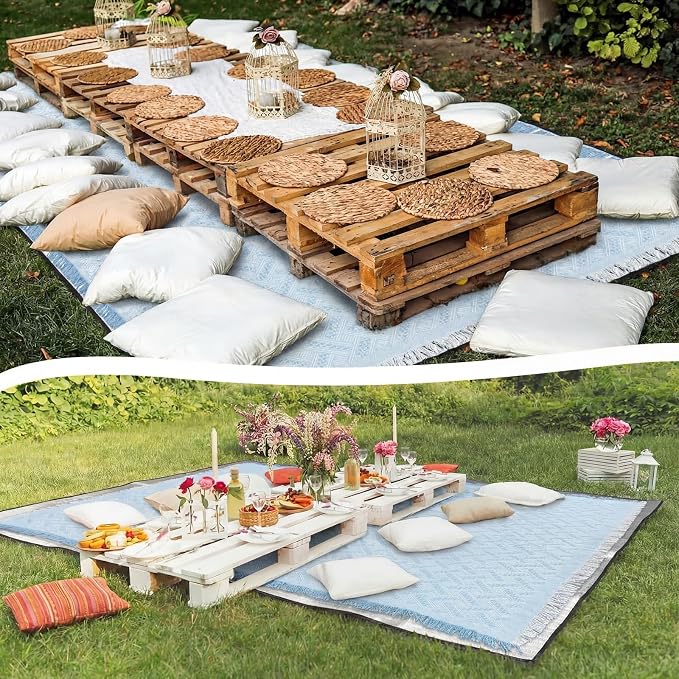 Hahafelt Extra Large Outdoor Picnic Blanket Oversize Beach Woven Cotton Yarn Blanket with Fringe Machine Washable Sandproof Portable for Spring Summer Camping Beach Park(Blue)