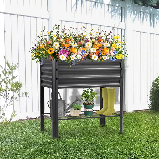 Raised Garden Bed with Legs and Shelf, 2pcs 32"x20"x31.5" Powder Coated Elevated Metal Planter with Legs for Outdoor Vegetables, Standing Raised Beds for Balcony, Patio, Lawn and Backyard