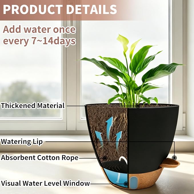 12"/10"/9"/8" Self Watering Pots with Visual Water Window,Extra Large Self Watering Plant Pots with Drainage Holes & Saucers,Black Planters for Indoor Plants,4-Pack