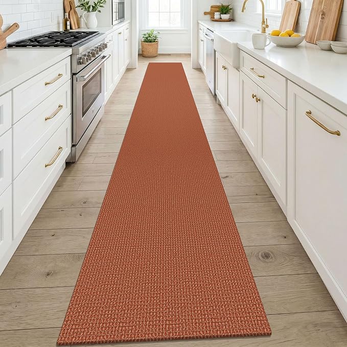 KOZYFLY Orange 2x14 Runners Rugs for Hallway, Long Washable Runner Rug, Woven Non Slip Kitchen Runner, Flatweave Entryway Rug, Floor Carpet for Entry, Aisle, Hall, Burnt Orange/Tan