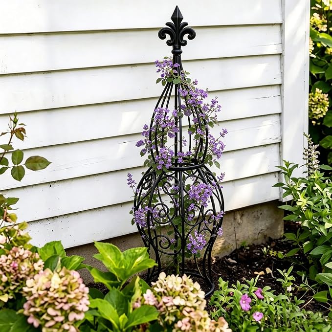 2-Pack Iron Garden Obelisk Trellis, 30" Rose Climbing Plant Support | Tool-free snap assembly; fits 9–12in pots, for roses clematis ivy vines, 2-pack patio balcony outdoor metal trellis
