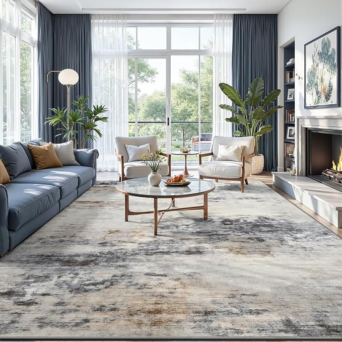 Toneed Washable 7x9 Area Rug with Non-Slip Backing for Living Room | Abstract Modern Rugs, Soft Low Pile Carpet for Bedroom Dining Room Nursery Indoor Office Home Decor，Grey/Brown