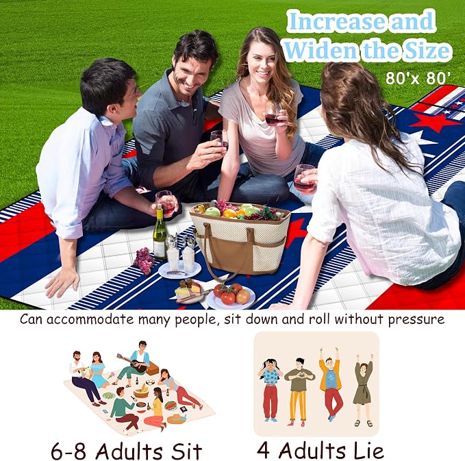 Poedist Extra Large Picnic Blanket Waterproof,80"x 80"Foldable Machine Washable Beach Blanket,Outdoor Blanket for 6-8 Adults, for Indoor Crawling,Park Beach,Camping,Hiking,Family Travel(National Flag)