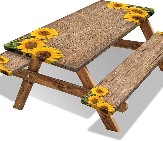 Picnic Table Cover with Bench Covers 6FT Sunflower Waterproof Fitted Picnic Table Cloths Wood Texture Outdoor Elastic Picnic Tablecloth Outdoor Camping Essentials(3pcs-72")