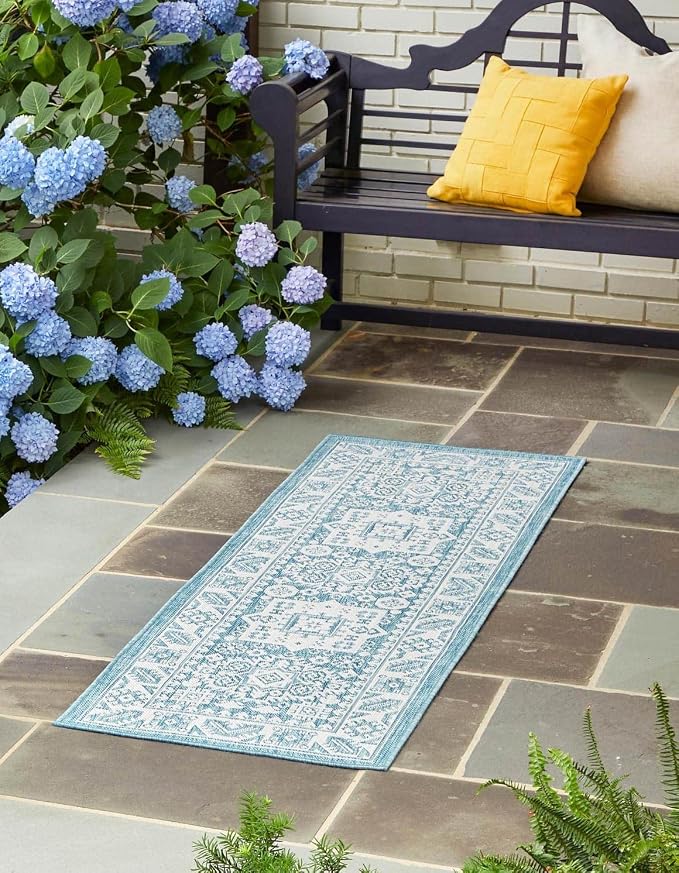Unique Loom Outdoor Aztec Collection Area Rug - Chalca (2' x 6' 1" Runner, Aqua/ Ivory)