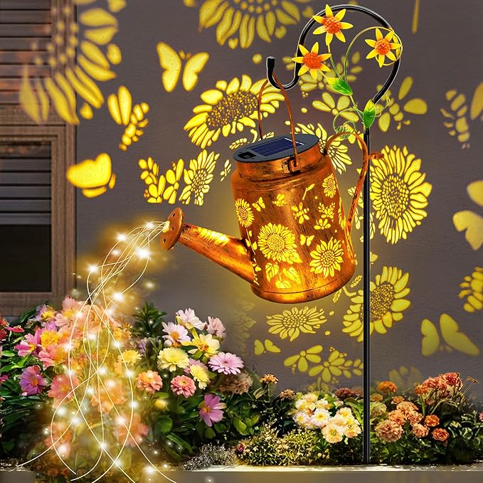 Solar Lights Outdoor Waterproof, Sunflower Solar Watering Can Lights with Shepherd Hook, Birthday Gifts for Mom Grandma Women Mother's Day, Metal Hanging Lantern Garden Decor Yard Outside Patio Lawn