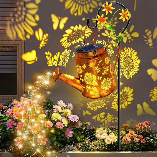 Solar Lights Outdoor Waterproof, Sunflower Solar Watering Can Lights with Shepherd Hook, Birthday Gifts for Mom Grandma Women Mother's Day, Metal Hanging Lantern Garden Decor Yard Outside Patio Lawn