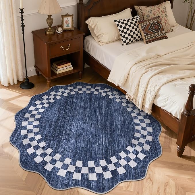 GarveeHome Scalloped Round Rug 4ft Washable Modern Solid Color Circle Rugs | Non Slip Low Pile Living Room Throw Carpat Bedroom Scalloped Round Area Rug Stain Resistant Bordered Rug for Kitchen, Blue