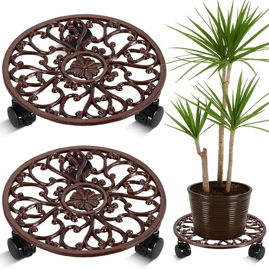 2 Packs 11 Inch Rolling Plant Stand with Wheels Wrought Iron Rolling Plant Stand with Casters Heavy Duty for Indoor Plants Rollers with Wheels, Metal Round Plant Dolly