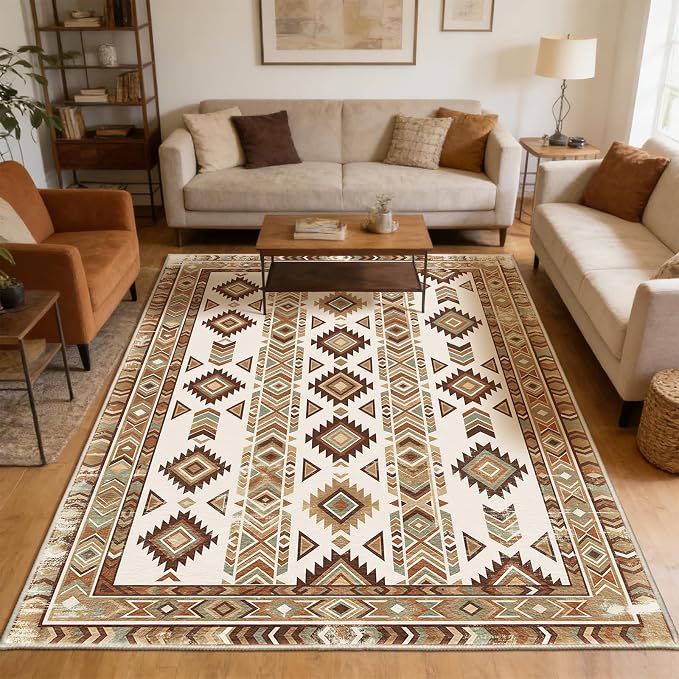 5x7 Southwestern Area Rug, Soft Faux Cashmere Tribal Non-Slip Floor Mat