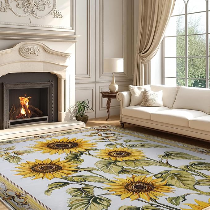5x7 Sunflowers Flower Area Rugs Boho Floral Botanical Yellow Rug for Living Room Indoor Soft Non-Slip Thin Carpet Modern Abstract Rugs for Dining Room Office Bedroom Under Table Washable Machine