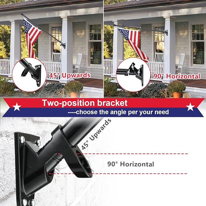 House Flag Pole With American Flag - Flagpoles Residential Kit with 6ft Tangle Free Metal Flag Pole,3x5 Embroidered US Flag,Holder Bracket,Heavy Duty Flag Poles for Outside House,Porch,Outdoor-Black