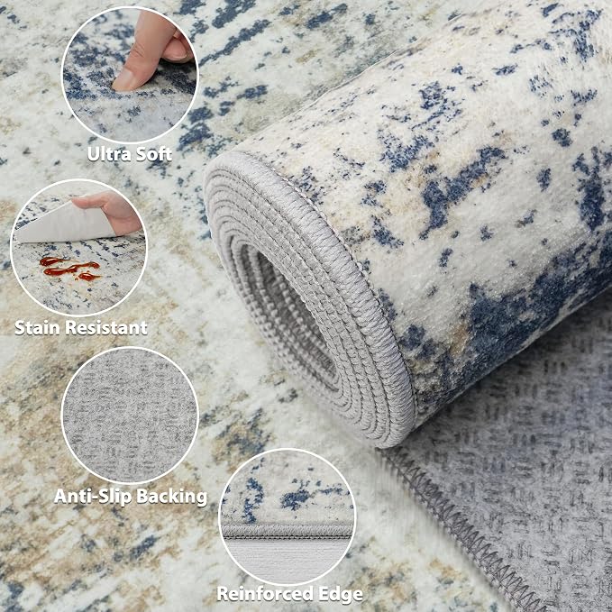 Tosuoka 10x14 Area Rugs for Living Room Abstract Washable Blue Brown Rug | With Anti-Slip Backing，Non-Shedding，Stain-Resistant，Soft Modern Large Carpet for Bedroom Dining Room Farmhouse Nursery