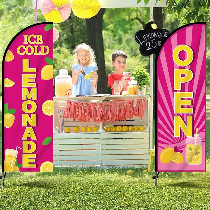 2 Sets Lemonade Feather Flag for Business Advertising 7 FT Summer Lemonade Swooper Flag Sign with Pole Ground Stake Portable Bag Windless Welcome Open Banner for Outside Garden Business Store (Pink)