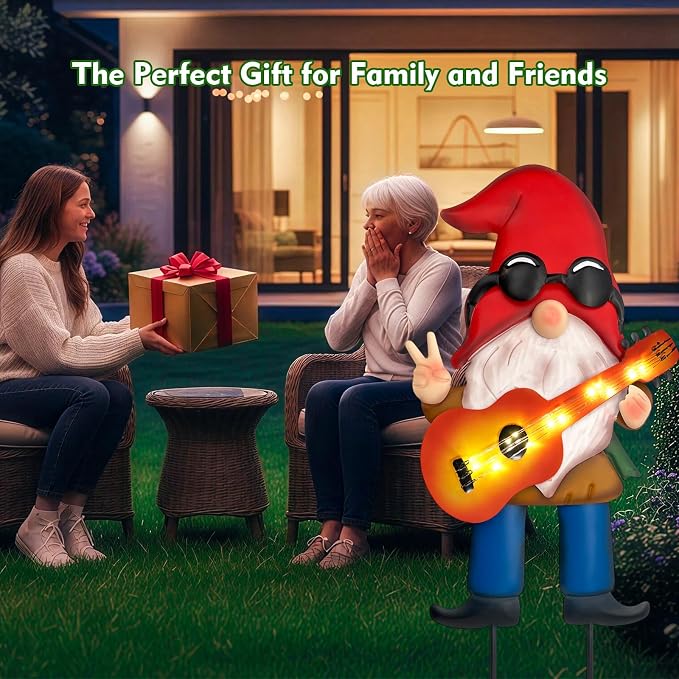 28" Solar Garden Gnome Decor with Light Up Guitar - Outdoor Decorative Stake for Patio, Yard & Lawn | Unique Rock Music Gnome Decor