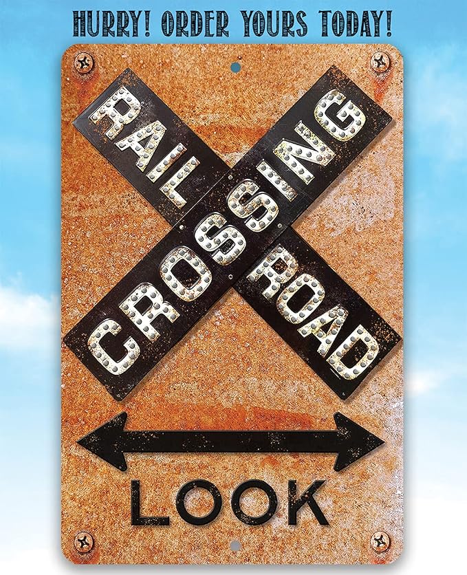 Railroad Crossing Sign - Rustic Train Terminal Decor, Vintage Railway Xing Signage for Bedroom or Man Cave, Nostalgic Street Sign and Gift Idea, Use Indoor or Outdoor Metal Sign 8x12