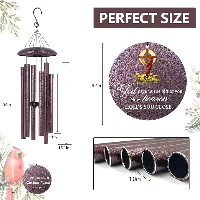 Personalized Memorial Wind Chimes for Loss of Loved One, Sympathy Gifts for Loss Mother Father Sister, Deep Tone Windchime for Outside Garden,Produced in Texas