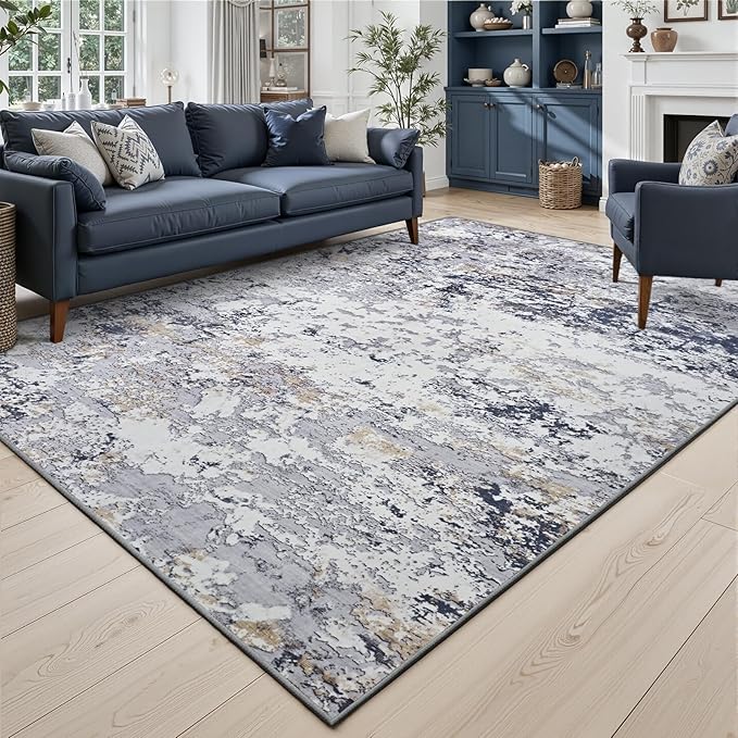 Toneed Washable 5x7 Area Rug with Non-Slip Backing for Living Room | Abstract Modern Rugs, Soft Low Pile Carpet for Bedroom Kitchen Dining Room Nursery Indoor Floor Home Decor, Blue White Gold